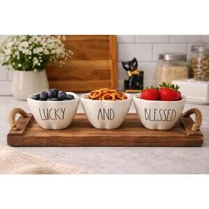 Rae Dunn Artisan Collection By Magenta 3 Snack Bowls Lucky And Blessed, 4x3”